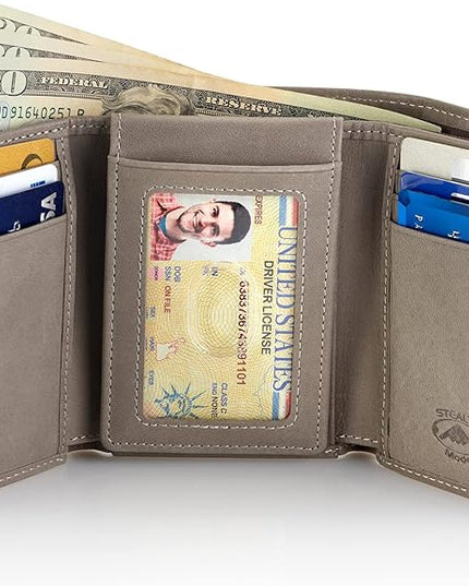 Stealth Mode Trifold Wallet - RFID Blocking Wallet with Flip ID Holder - Leather Case for Money, Credit Cards - Mens Organizer, Divided Billfold, Identity Protection - Men's Gifts (Grey)