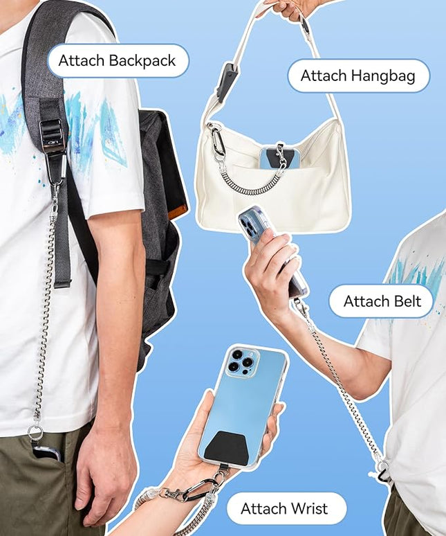 Phone Tether Lanyard, SHANSHUI Strong Spring Rope Climbing Hook, 4x Phone Tether Tabs Free Your Hand Anti Theft Phone Strap for All Smartphones for Outdoor Cycling Climbing Skiing Hiking - 2PCS Sliver