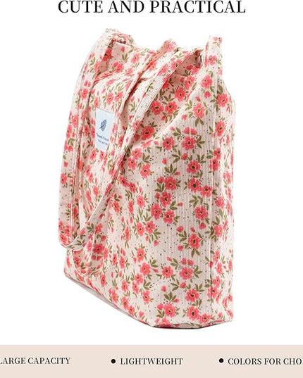 Corduroy Tote Bag Cute Tote Bags for Women Shoulder Bag with Inner Pocket for Work Beach Travel and Shopping Grocery