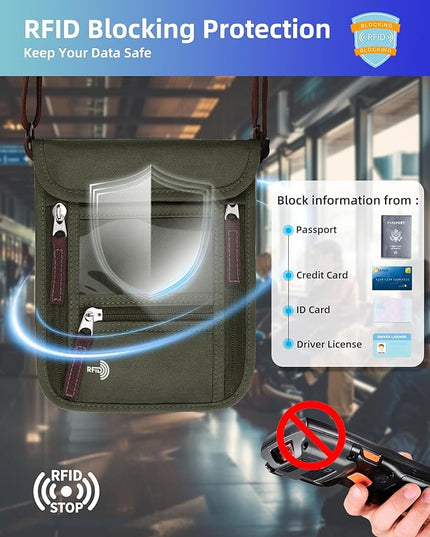 WALNEW Passport Holder Neck Pouch Travel Wallet for Women and Men, RFID Blocking Security Slim Traveling Wallet with Around Neck Lanyard Strap