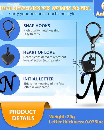 A-Z Heart Initial Letter Keychain, Stainless Steel Alphabet Charm for Handbags, Gift for Women and Girls