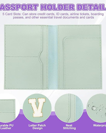 PATIKIL Passport Holder for Travel, Initial Passport Cover and Luggage Tag Set with Alphabet Chenille Letter Patch Travel Wallet Bag Suitcase Identifier for Women Family Travel Green V