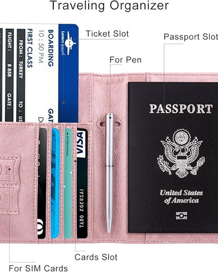 WALNEW Passport Holder for Travel, RFID Passport Cover Wallet for Women Men, PU Leather Passport Book Card Holder Case with Pen, Travelling Essentials for Flying