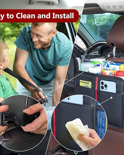 Hanging Car Seat Organizer Backseat Car Organizer - Premium PU Leather Car Backseat Organizer Road Trip Essentials, Multifunction Car Seat Back Organizer for Kids & Adults (Black)