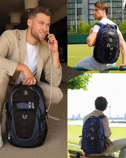 Swissdigital Design Laptop Backpack with USB Charging Port, Travel Backpack Fits 15.6 inches Computer, 31L College School Backpack for Men, Blue/Black | SD803-12 | Water Repellent