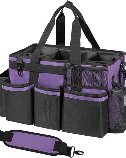 Wearable Cleaning Caddy, Cleaning Caddy Supplies Organizer with Handle & Shoulder Straps for Housekeepers, Under Sink & Car Cleaning Tool Organizers Bag with 4 Foldable Divider (Purple)