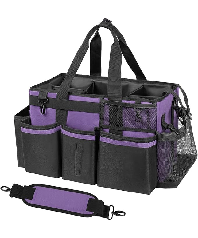 Wearable Cleaning Caddy, Cleaning Caddy Supplies Organizer with Handle & Shoulder Straps for Housekeepers, Under Sink & Car Cleaning Tool Organizers Bag with 4 Foldable Divider (Purple)