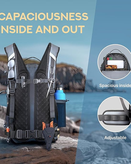 Xelfly - Waterproof Fishing Backpack with Rod Holder, Inflatable Air Valve, Padded Waist Straps & Gear Loops - Submersible Zipper, Rugged Top Handle, Adjustable Attachments (Gray)