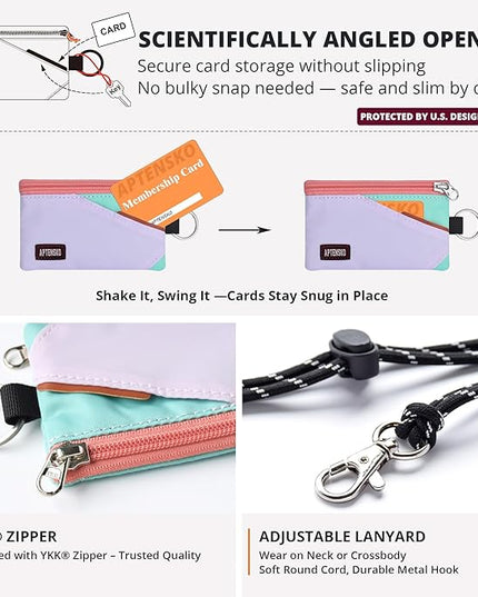 RFID Travel Wallet with Adjustable Lanyard-Zipper Small Wallet with ID Card Holder, Keychain for women&men-Minimalist Slim Waterproof Nylon case for ID, Cash, Key (SoftLilac+MintAqua)