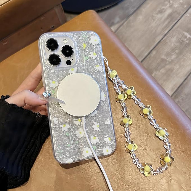 Compatible with iPhone 16 Pro Max Cases Cute Bling Sparkly Floral Phone case,Flower with Wrist Strap Design, Compatible MagSafe Silicone Shockproof Phone case for Women and Teenage Girls.