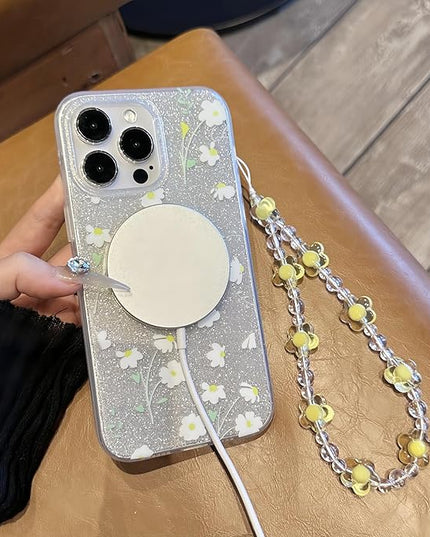 Compatible with iPhone 12 Cases Cute Bling Sparkly Floral Phone case,Flower with Wrist Strap Design, Compatible MagSafe Silicone Shockproof Phone case for Women and Teenage Girls.