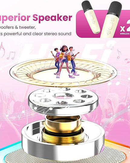 Karaoke Machine for Kids Adults, Portable Bluetooth Speaker with 2 Wireless Karaoke Mics Player,2026 TOP Birthday Gifts Toys for Girls 3,4, 5, 6, 7, 8+Years Old Toddler(Off-White)
