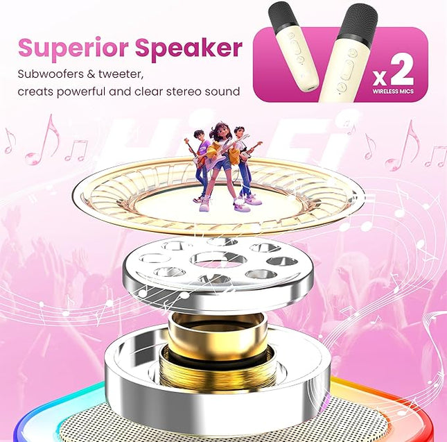 Karaoke Machine for Kids Adults, Portable Bluetooth Speaker with 2 Wireless Karaoke Mics Player,2026 TOP Birthday Gifts Toys for Girls 3,4, 5, 6, 7, 8+Years Old Toddler(Off-White)