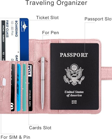WALNEW Passport Holder for Travel, RFID Passport Cover Wallet for Women Men, PU Leather Passport Book Card Holder Case with Pen (Buckle Closure, Buckle-Rosegold)