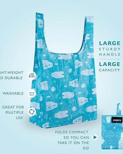 Masirs Reusable Grocery Bag (ANIMAL PATTERN | 6-PACK) - Reusable Ripstop Bags - Large, Strong Eco Friendly Bags - Foldable Shopping Bag - For Kitchen, Grocery & More - Packable Shopping Bag