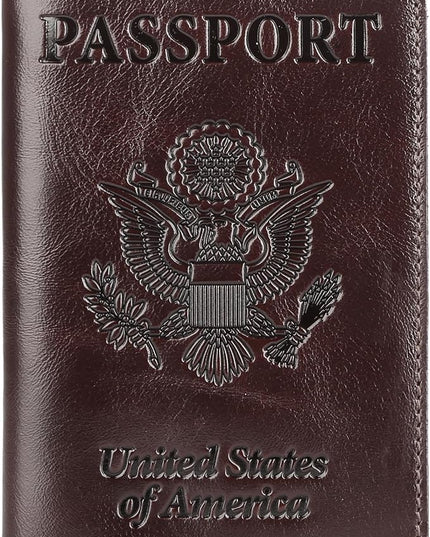 Shvigel US Leather Passport Book Cover - Thin American Travel Passport Holder - Premium International USA Passport Protector Case for Women Men (Glossy Brown)