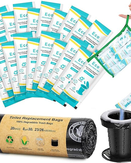 BLIKA 20 Count Camping Toilet Bags Eco Absorbent Gel Set, Portable Toilet Bags with Gel, 8 Gallon, 30 Liter, Heavy Duty 1 Mil, Toilet Replacement Bags with Toilet Powder for Camping Outdoor Hiking
