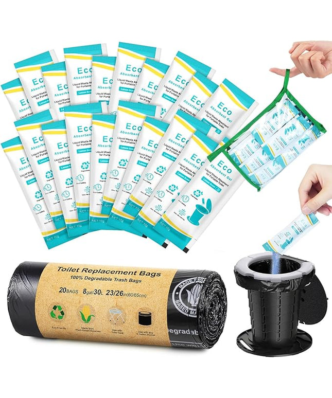 BLIKA 20 Count Camping Toilet Bags Eco Absorbent Gel Set, Portable Toilet Bags with Gel, 8 Gallon, 30 Liter, Heavy Duty 1 Mil, Toilet Replacement Bags with Toilet Powder for Camping Outdoor Hiking