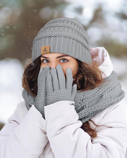 Winter Beanie Hat Scarf Gloves, Warm Fleece Knit Hats Touch Screen Gloves Neck Scarf Set Winter Gifts for Unisex Adult