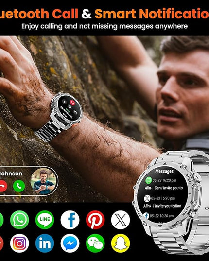 Hwagol Smart Watches for Men (Call/Notification),1.52'' Military Smart Watch, Two Style Kits,Flashlight,100+Sport Modes/Heart Rate/Sleep Monitor/Pedometer (Silver)
