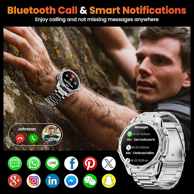 Hwagol Smart Watches for Men (Call/Notification),1.52'' Military Smart Watch, Two Style Kits,Flashlight,100+Sport Modes/Heart Rate/Sleep Monitor/Pedometer (Silver)