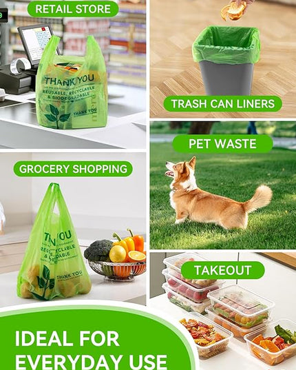 500 Count Recyclable Compostable 100% Biodegradable T-Shirt Bags, Eco-Friendly Grocery Shopping Bags, 11.5" x 6.25" x 21", 16 Mic