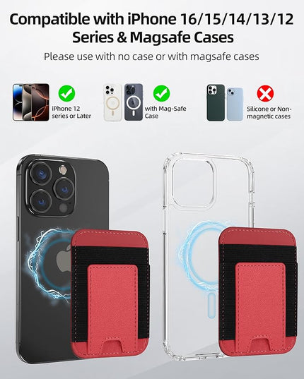 Upgraded for Magsafe Wallet, Strongest Magnetic Wallet for iPhone 17/16/15/14/13/12 Series, Magnetic Card Holder with 2 Card Slots, RFID Blocking, Vegan Leather, Fit 7 Cards, Red