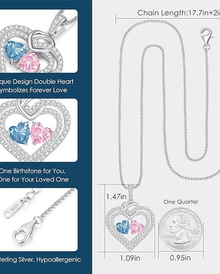 LOUISA SECRET Sparkling Double Heart Birthstone Necklaces for Women, 925 Sterling Silver Fine Jewelry, Pendant Heart Necklaces Birthday Anniversary Christmas Gift for Women Wife Mom Girlfriend Lady