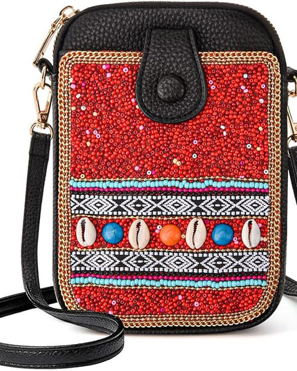 Women's Small Crossbody Cell Phone Bag, Boho Colorful Beaded Purse Wallet with Handmade Cute Patterns