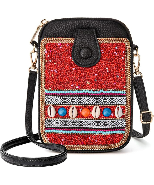 Women's Small Crossbody Cell Phone Bag, Boho Colorful Beaded Purse Wallet with Handmade Cute Patterns