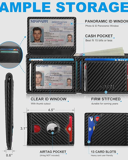 MIYOZI Airtag Wallet for Men,with Cash Pocket 2 ID Window 13 Cards,Slim Leather Wallet Front Pocket Card Holder RFID Blocking with Gift Box