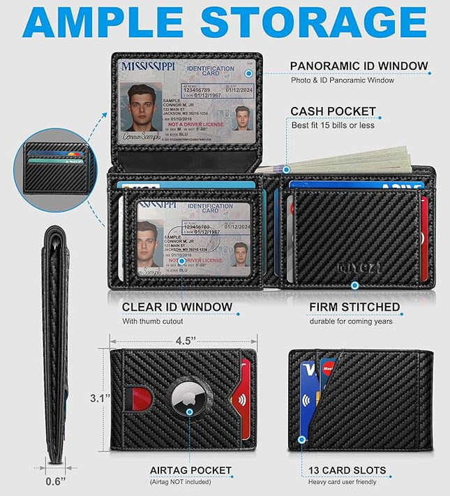 MIYOZI Airtag Wallet for Men,with Cash Pocket 2 ID Window 13 Cards,Slim Leather Wallet Front Pocket Card Holder RFID Blocking with Gift Box