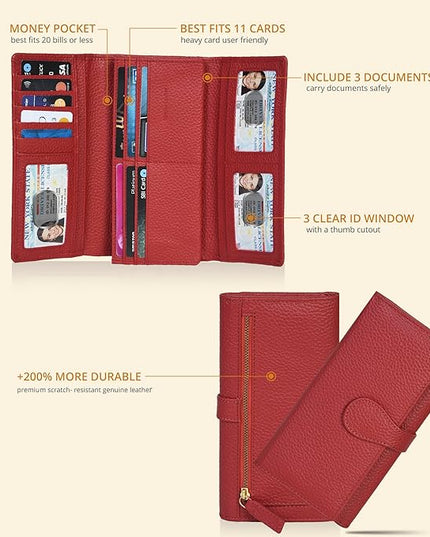 Real Leather Women Wallet Leather with RFID Blocking -Trifold Card Holder Designer Ladies Clutch with ID Window Wallets