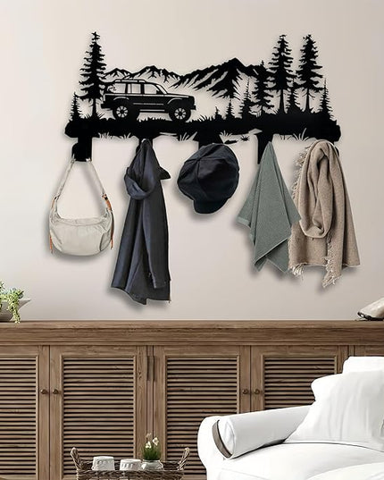 Metal Car Coat Hooks and Key Holder, Mountain Design Wall Art Decor with 5 Hooks, Clothes Hat Rack, and Backpack Hanger, Storage Decor for Living Room, Hallway, Office, Kitchen, Entryway, and Bedroom