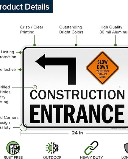 Slow Down Construction Entrance Ahead With Left Arrow Sign, 18x24 Inches, 3M EGP Reflective .080 Aluminum, Fade Resistant, Made in USA by My Sign Center