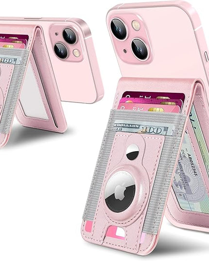 For Magsafe Wallet with Airtag Holder, Strong Magnetic Wallet for iPhone 17/16/15/14/13/12 Series, for iPhone Walletwith Adjustable Stand, ID Window, 4 Card Slots, 10 Cards Holder, Vegan Leather, Pink