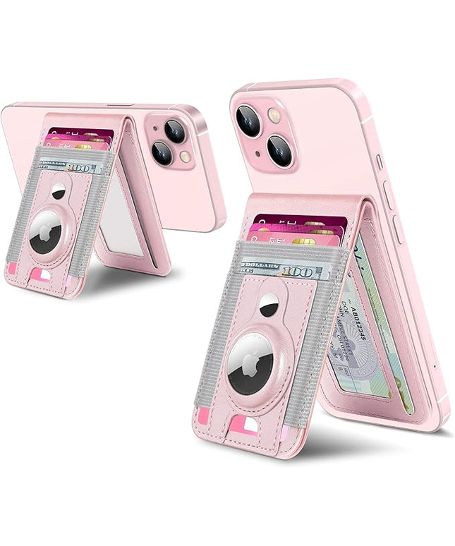 For Magsafe Wallet with Airtag Holder, Strong Magnetic Wallet for iPhone 17/16/15/14/13/12 Series, for iPhone Walletwith Adjustable Stand, ID Window, 4 Card Slots, 10 Cards Holder, Vegan Leather, Pink