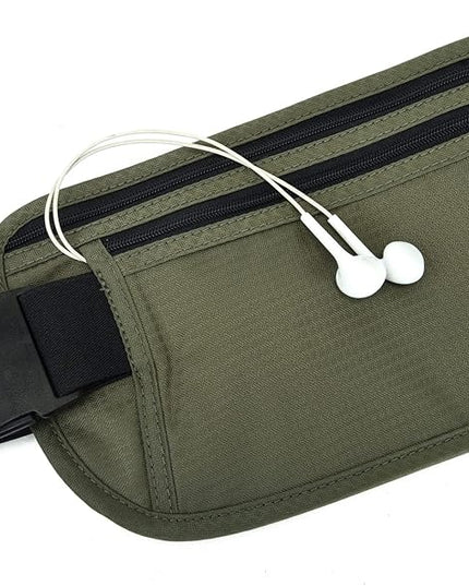RFID Blocking Money Belt for Men Women, Slim Fanny Pack for Travel，Running,Conceal Waist Wallet for Passport Holder,Phone,Cash(Black Dark Olive Green)
