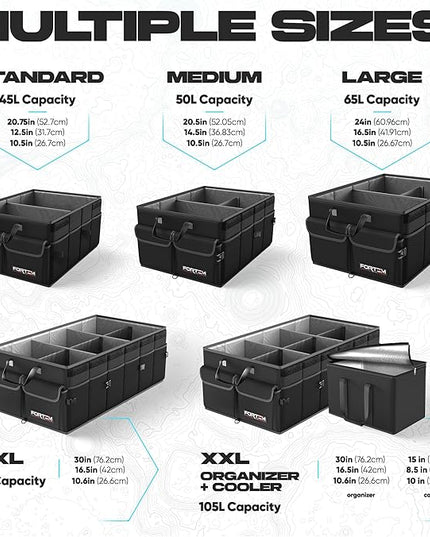 FORTEM Trunk Organizer with Cooler For SUV Car Trunk, Foldable Storage, Car Accessories for Women Men, Collapsible Bag, Perfect Christmas Gifts, 600D Oxford, Non Slip Bottom, Straps, Soft Cover (105L)