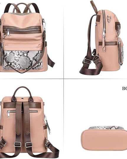 ALTOSY Genuine Leather Backpack Purse for Women Convertible Shoulder bag Soft Crossdody Bag with Laptop Compartment Large (S108 Dark Pink/Coffee/Grey)