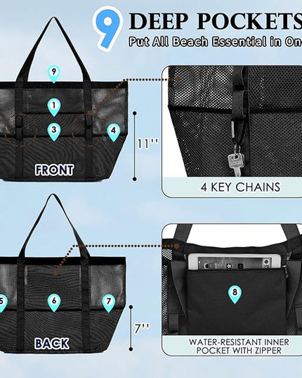 Mesh Beach Bag, Large Beach Tote with Zipper Pocket, Toys Pool Bag for Family Travel Vacation Cruise Essentials
