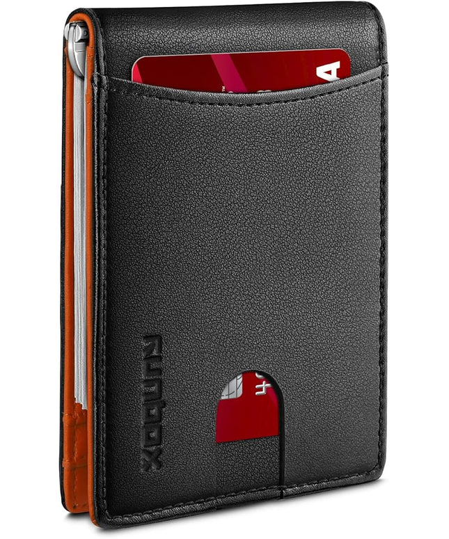 RUNBOX Slim Wallet for Men Genuine Leather RFID Blocking Bifold Minimalist Front Pocket Mens Wallet with Money Clip Thin Gift Box