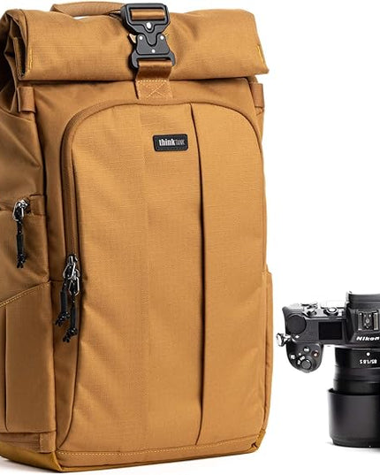 Think Tank FocusPoint 22L RollTop Camera Backpack - Golden Hour: Expandable Travel & Camera Backpack with Laptop Sleeve, Quick Side and Back Access, Rain Cover – Versatile Photography & Travel Bag