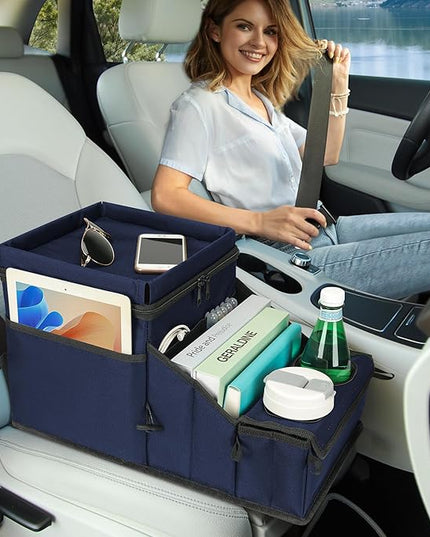 Car Seat Organizer, Backseat Car Organizer with Cup Holder Tray and Storages for Kids and Adults, Portable Travel Cooler for Car for Front or Back Seat Passenger Organizer Ccompartment (Navy Blue)