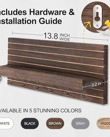 Lwenki Decorative Key Holder for Wall with Shelf, Entryway Shelf with Hooks Holds Leashes, Jackets and Glasses – Sturdy Wood Keyholder Entrance Hanger with Mounting Hardware (Brown, Large)