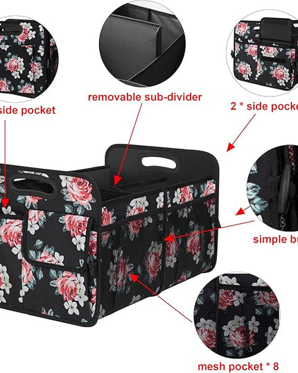Femuar Car Trunk Organizer,Car Storage Organizer with 72L Large Capacity Waterproof Collapsible and 11 Pockets,Trunk Organizer for Car Suv/Jeep/Sedan, Large Size, Flower