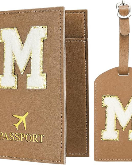 PATIKIL Passport Holder for Travel, Initial Passport Cover and Luggage Tag Set with Alphabet Chenille Letter Patch Travel Wallet Bag Suitcase Identifier for Women Family Travel Brown M