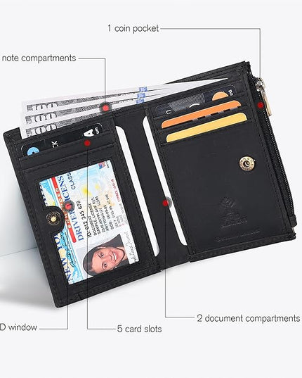 Oak Leathers Leather Wallet For Women - Small RFID Coin Purse Credit Card & ID Holder for Ladies, Gift for Women's, Bifold Wallets (Crazy Horse Black)
