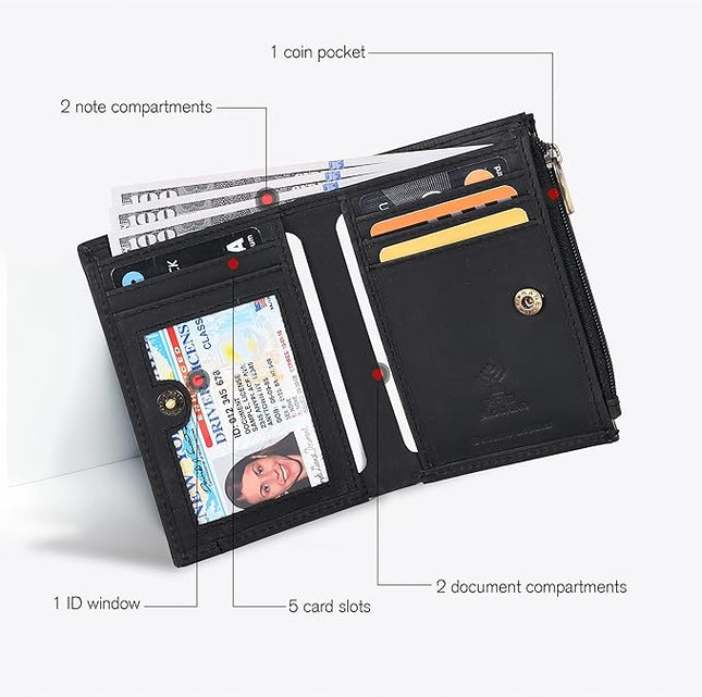 Oak Leathers Leather Wallet For Women - Small RFID Coin Purse Credit Card & ID Holder for Ladies, Gift for Women's, Bifold Wallets (Crazy Horse Black)