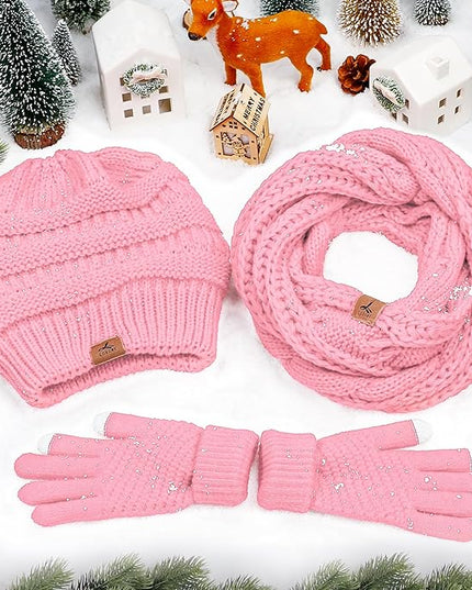 Winter Beanie Hat Scarf Gloves, Warm Fleece Knit Hats Touch Screen Gloves Neck Scarf Set Winter Gifts for Unisex Adult